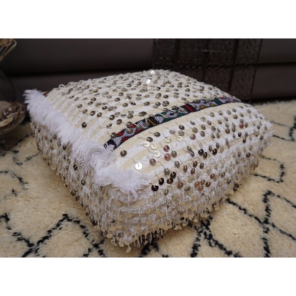 Handira Pouf, Handmade Floor Pillow, Berber Ottoman Pouf Moroccan 03YL0409 - Picture 2 of 10